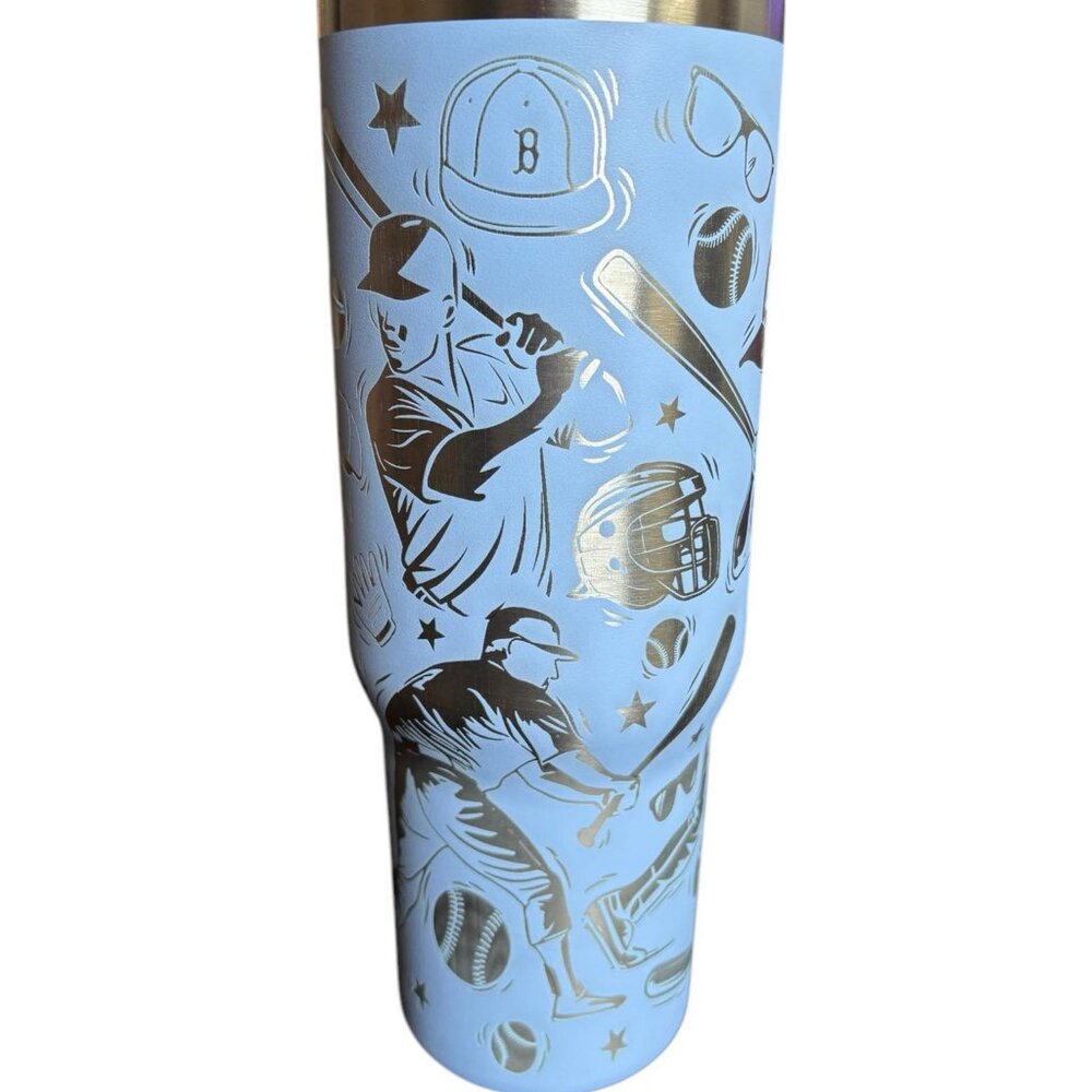 Laser Engraved 32oz Sports Tumbler, Baseball Theme, Dual Drink, Blue - New